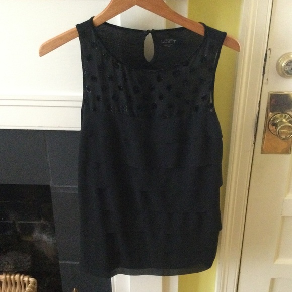 LOFT Mesh Velvet Trim Tiered Mixed Media Shell Blouse Black - Sz Medium - Picture 2 of 10